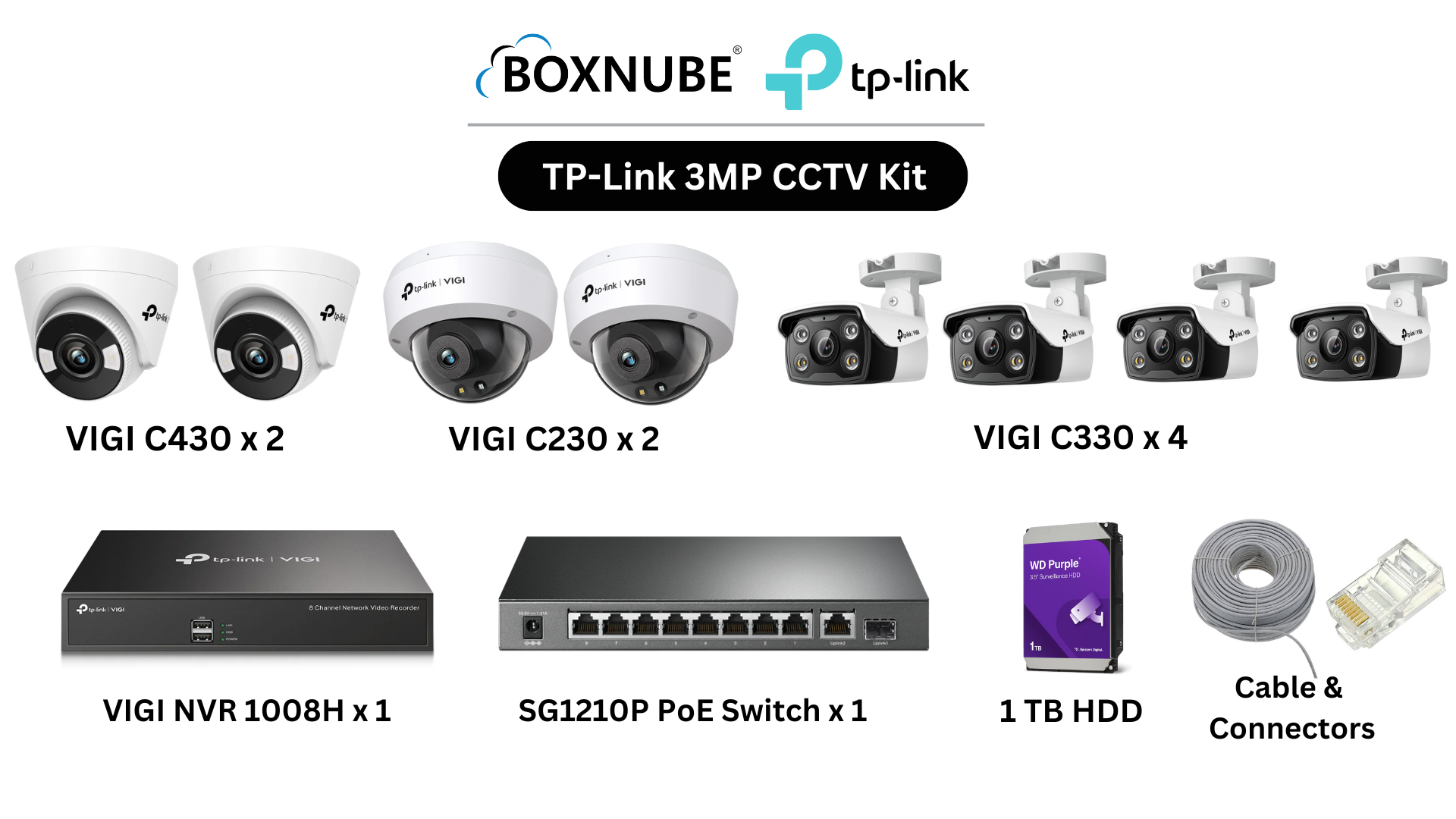 TP-Link VIGI 3MP 8 Camera Kit Bundle 4x C330 Bullet 2x C430 Turret, 2x C230 Dome, 8 Channel NVR, 8 Port Gigabit PoE Switch, 100M CAT6 Cable, RJ45 Plug TP-Link VIGI 3MP 8 Camera Kit Bundle 4x C330 Bullet 2x C430 Turret, 2x C230 Dome, 8 Channel NVR, 8 Port Gigabit PoE Switch, 100M CAT6 Cable, RJ45 Plug